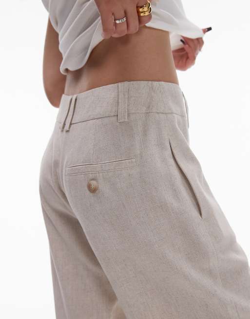 Topshop Petite low slung linen button pants in natural, 5 of 5