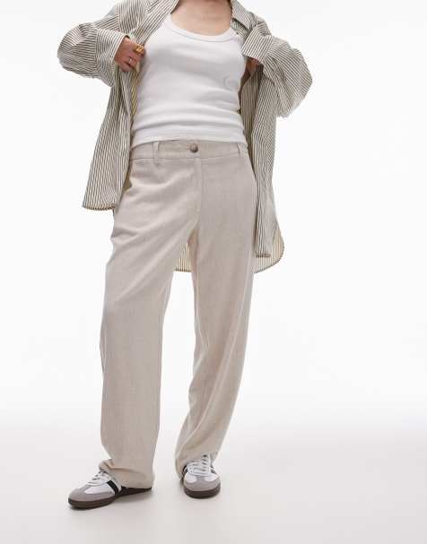 Topshop Petite low slung linen button trouser in natural - view 1
