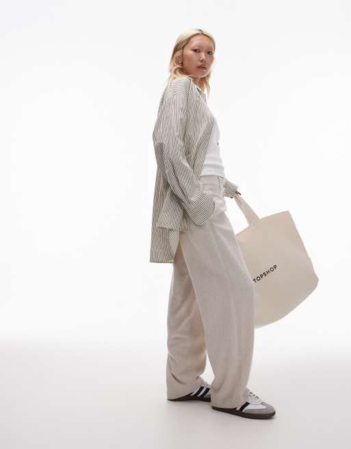 Topshop Petite low slung linen button trouser in natural, 2 of 5