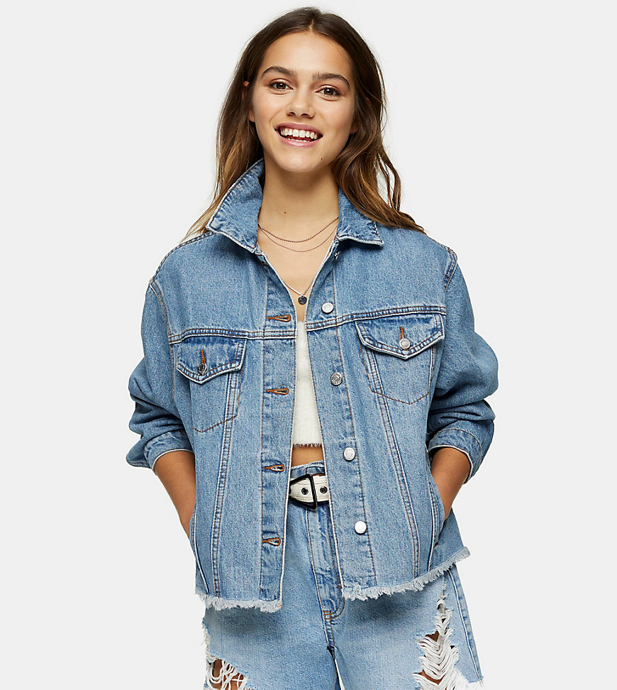 Topshop Petite – Mellanblå jeansjacka i oversize modell