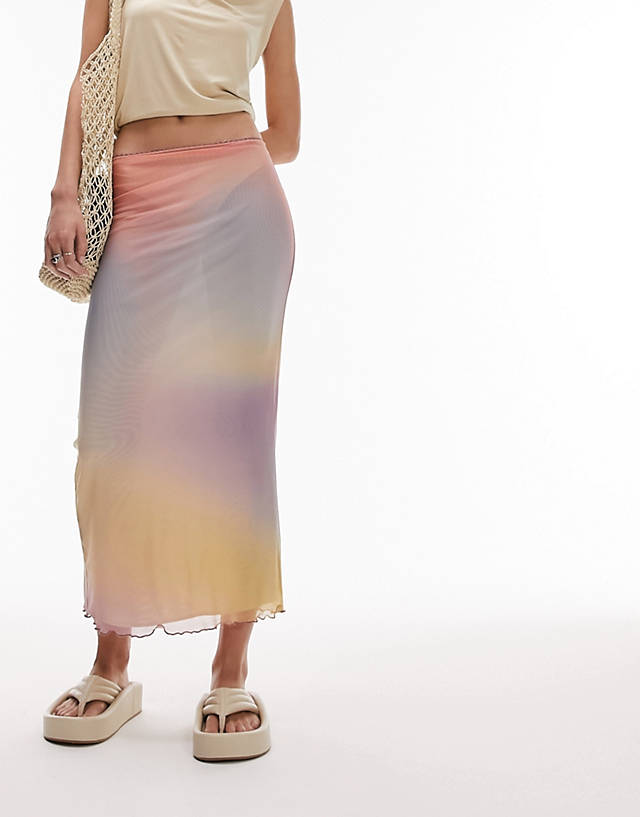 Topshop Petite - mesh pastel blurred printed picot trim midi skirt in multi