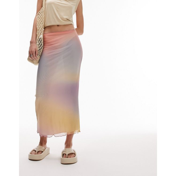 Topshop Petite mesh pastel blurred printed picot trim midi skirt 