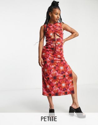 Topshop Petite Mesh Ruched Midi Dress In Multi Floral Print