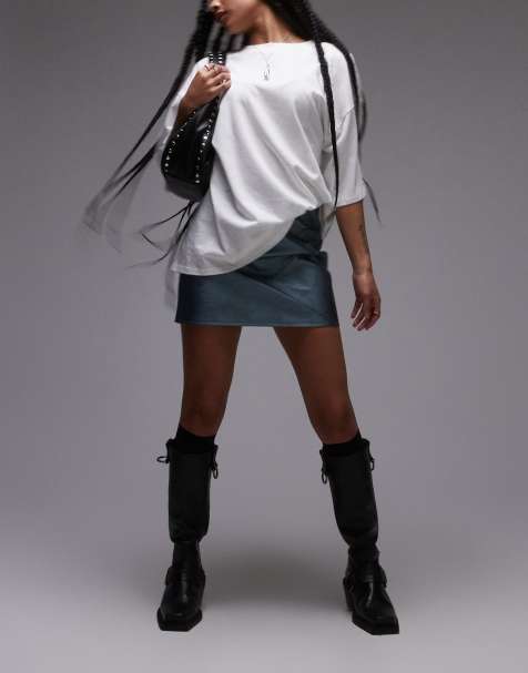 Topshop Petite - Microgonna in pelle sintetica blu aeronautica metallizzato con cuciture e pannelli - view 1