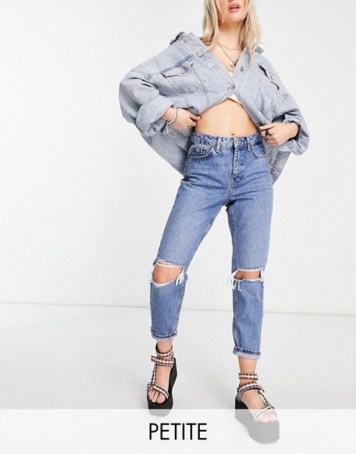 Topshop Petite mid blue double ripped Mom jean