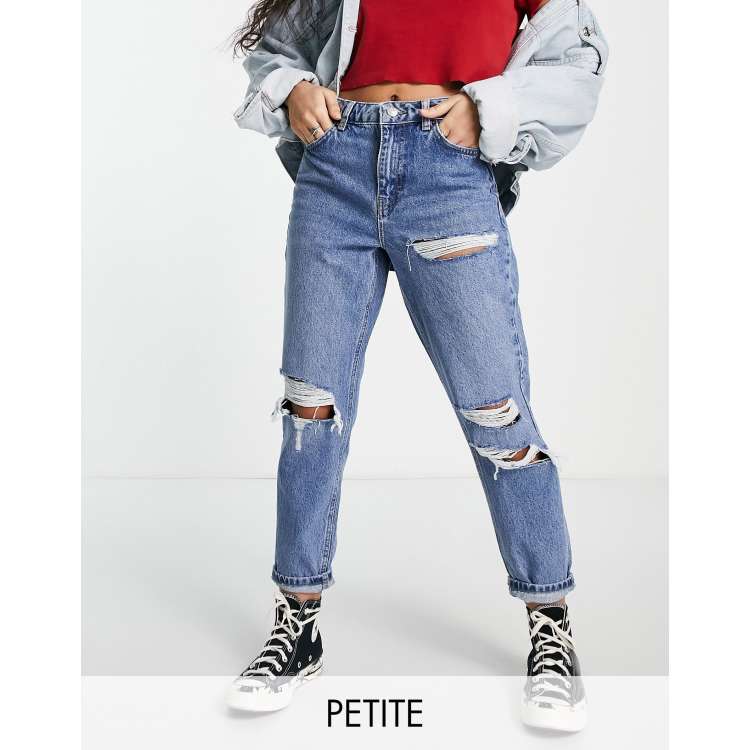 Topshop Petite mid blue rip Mom jeans - MBLUE