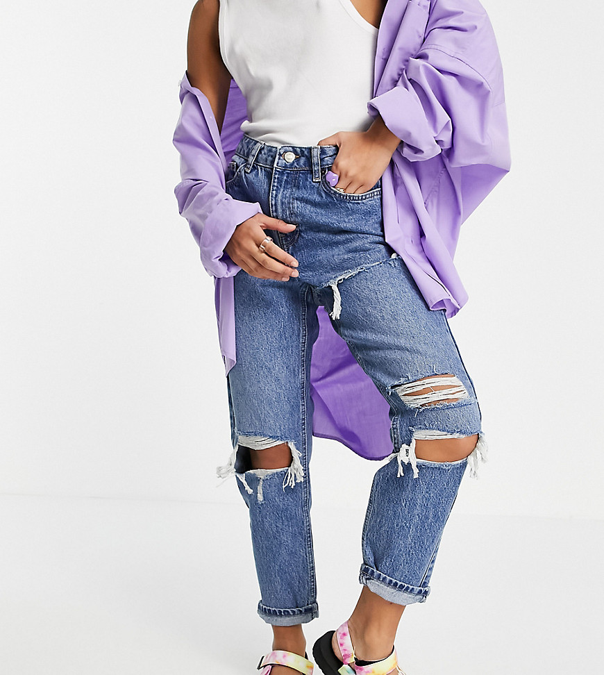 Topshop Petite mid blue ripped Mom jeans-Blues