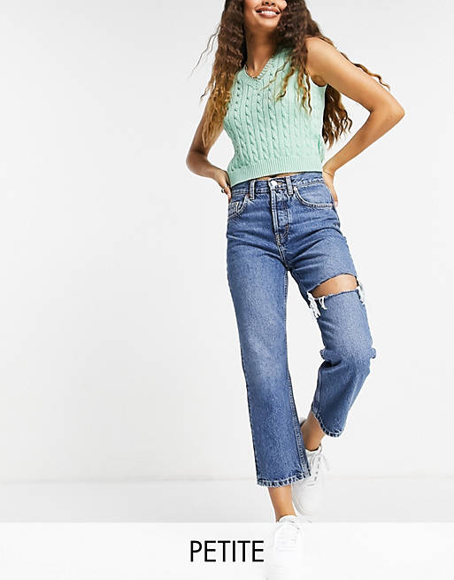 Topshop Petite Editor jeans with thigh rip in mid blue