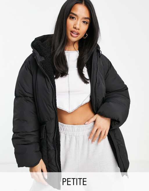 Topshop Petite mid length puffer jacket with borg lined hood in black ASOS