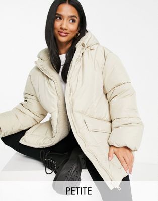 Topshop Petite mid length puffer jacket with borg lined hood in off white