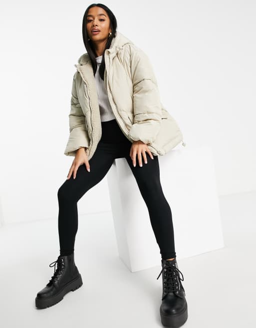 Topshop Petite mid length puffer jacket with borg lined hood in