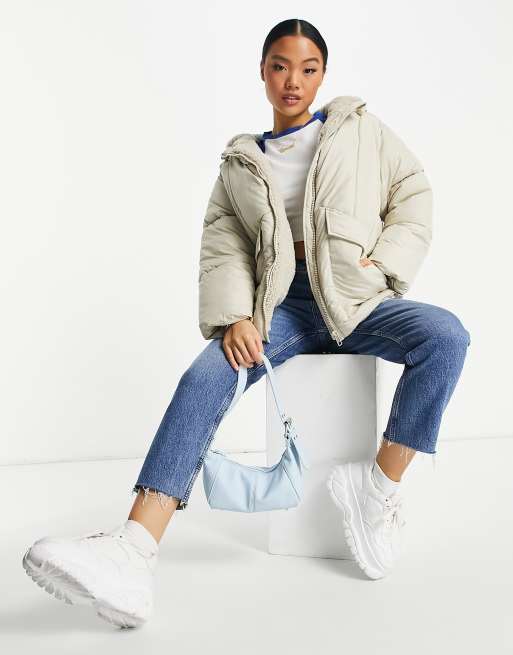 Topshop Petite mid length puffer jacket with borg lined hood in off white