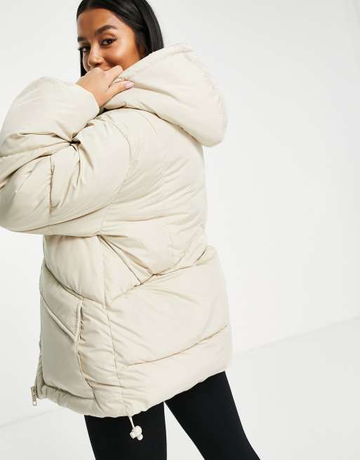 Topshop Petite mid length puffer jacket with sherpa lined hood in off white