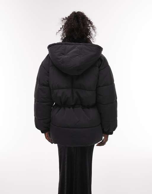 Topshop Petite funnel neck puffer coat in black