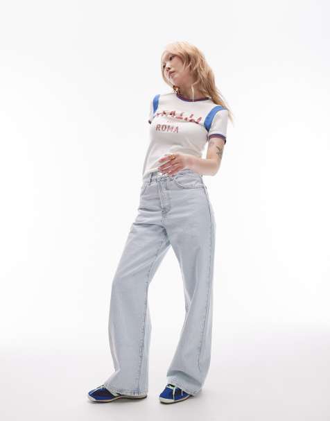 Topshop Petite mid rise loose fit straight jeans in bleach - view 1