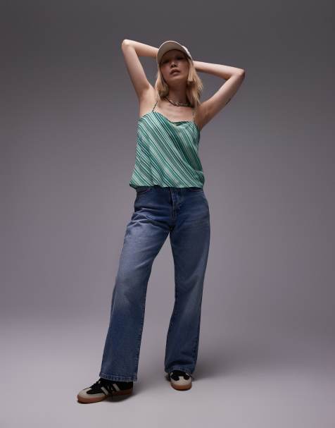Topshop Petite mid rise loose fit straight jeans in vintage blue