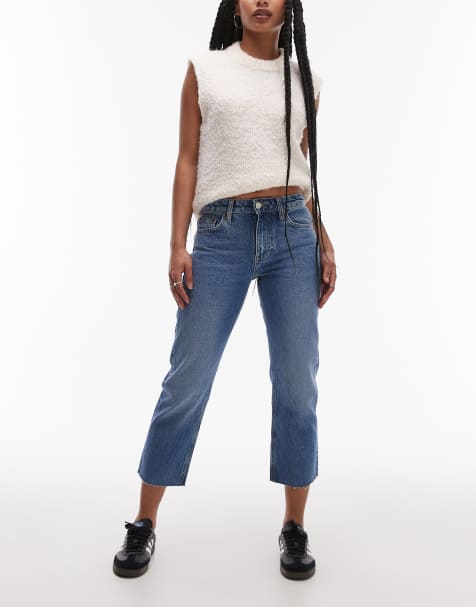 Topshop Petite mid rise straight cropped jeans with raw hems in mid blue - view 1