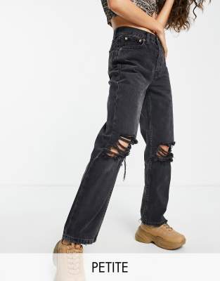 Topshop Petite mid rise straight Dad jeans with knee rips in washed ...