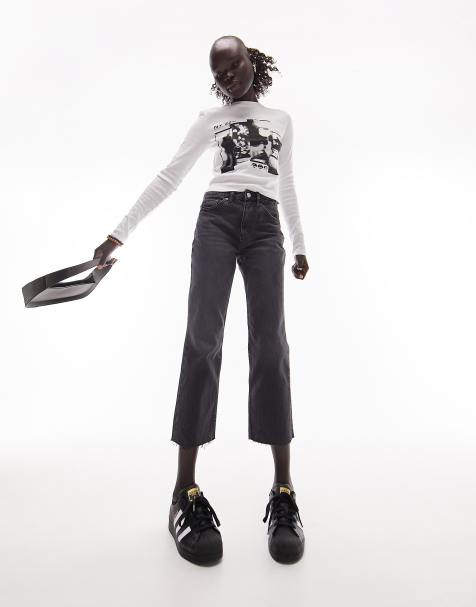 Topshop Petite mid rise straight jean with raw hems in black - view 1