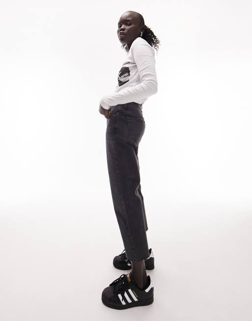 Topshop Petite mid rise straight jean with raw hems in black, 2 of 4