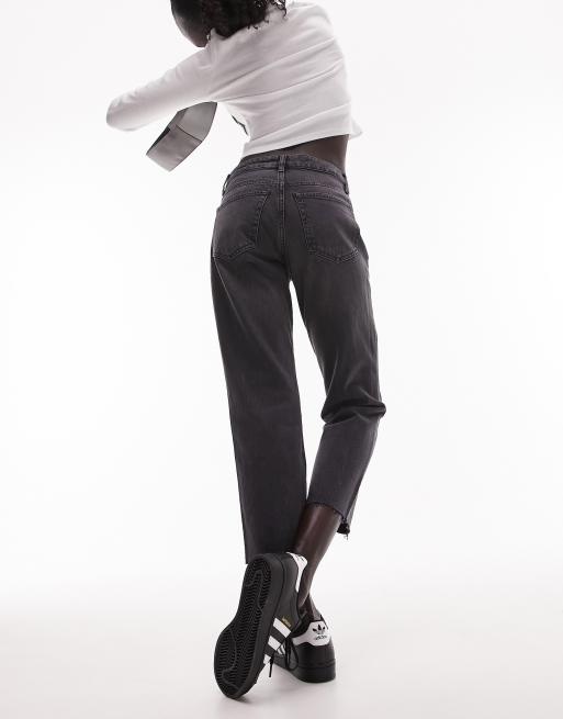 Topshop Petite mid rise straight jean with raw hems in black, 4 of 4