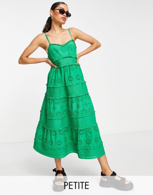 Topshop Petite - Midi-jurk met smalle bandjes, broderie en plooitjes in groen