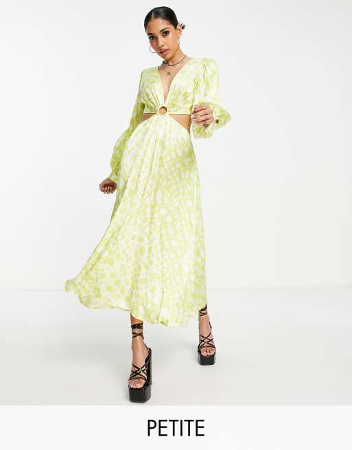 Topshop Petite - Midi jurk met uitsnijding en ringdetail in limoengroen met stippen