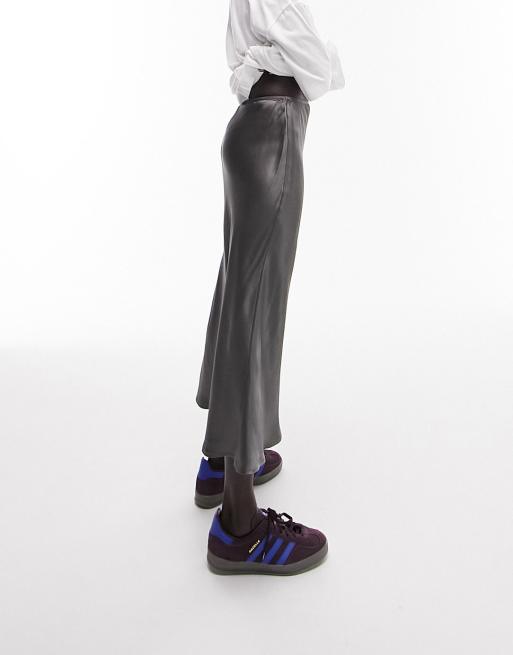 Topshop Petite – Midirock aus Satin in Anthrazit mit asymmetrischem Schnitt, 4 von 4