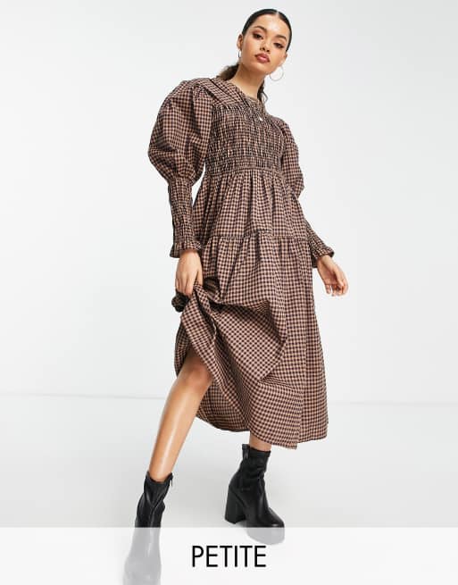 Topshop Petite mini check midi smock dress in brown | ASOS