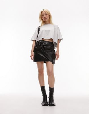 Topshop Petite leather look tie front mini skirt in black - ASOS Price Checker
