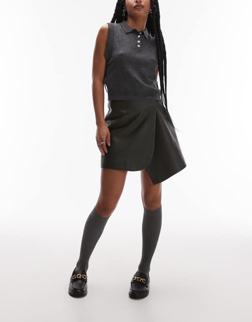 Topshop Petite - Mini-jupe portefeuille en imitation cuir - Kaki foncé
