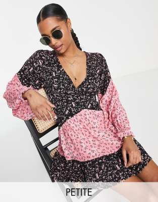 Topshop Petite mix and match floral print tie back mini tea dress in pink and black-Multi