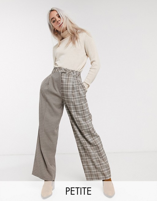 Topshop Petite mixed check tailored trousers in brown