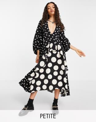 Topshop Petite mixed spot long sleeve ruffle midi dress in mono