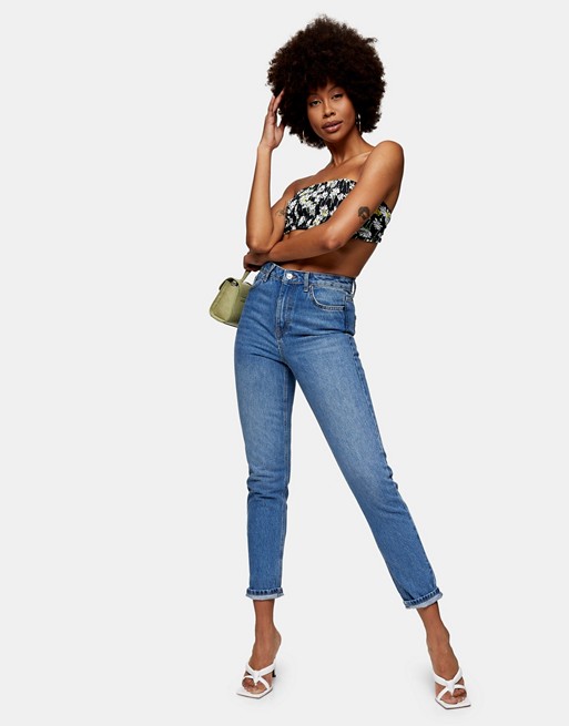 Topshop Petite Mom jeans in mid wash blue
