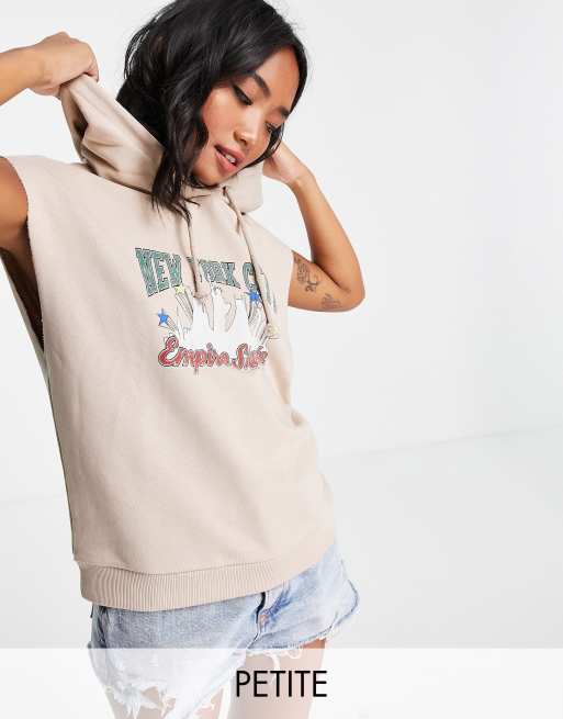 Topshop Petite NYC logo sleeveless hoodie in beige