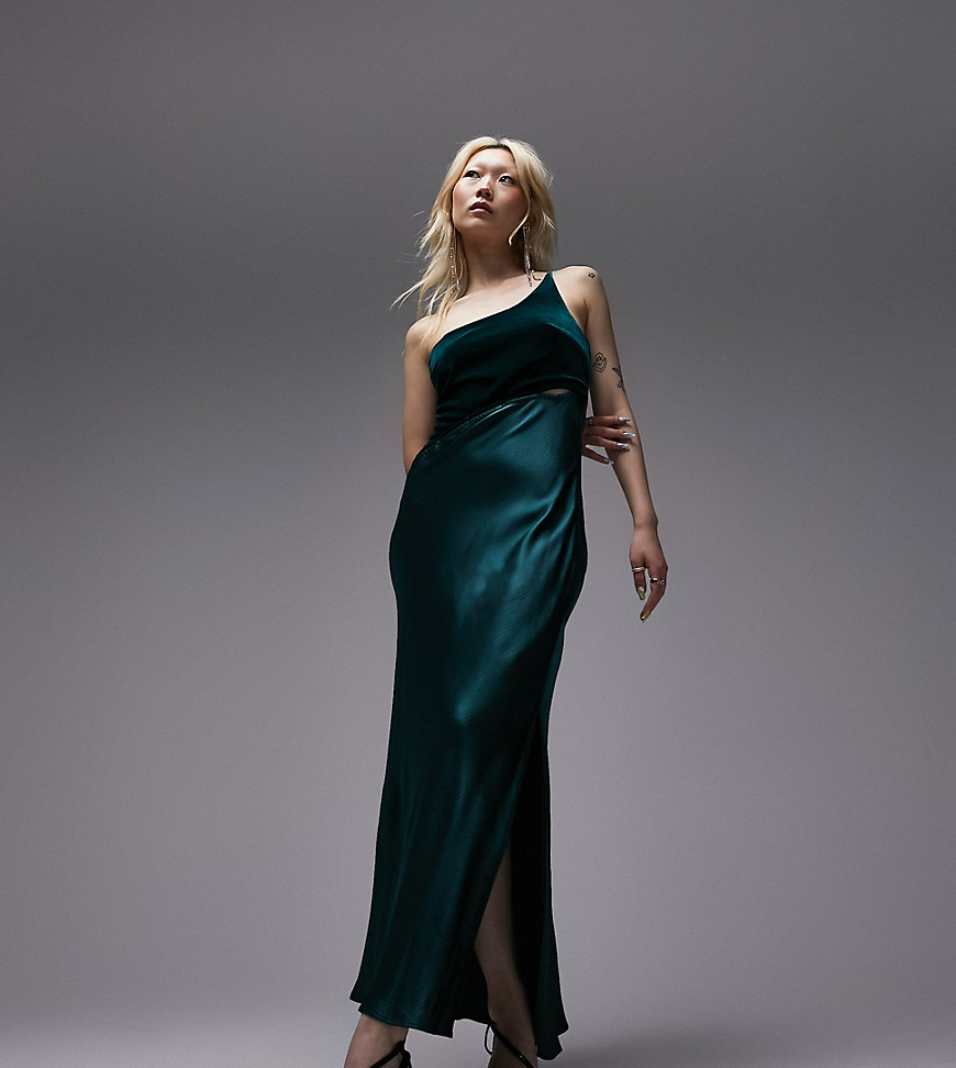 Topshop Petite one shoulder velvet and satin cut out midi dress in green