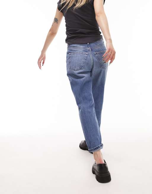 Topshop Petite Original mom high rise jeans in mid blue, 2 of 5