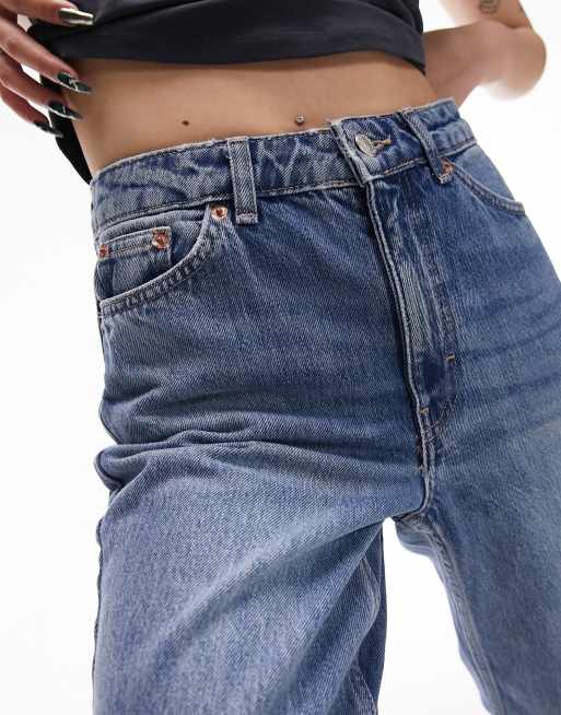 Topshop Petite Original mom high rise jeans in mid blue, 3 of 5