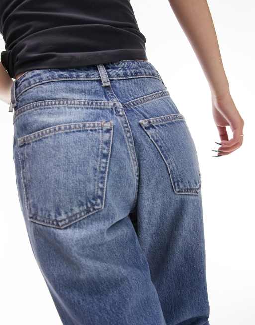 Topshop Petite Original mom high rise jeans in mid blue, 5 of 5