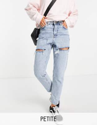 Topshop Petite - Original - Mom-Jeans in Bleichwaschung mit Rissen-Blau