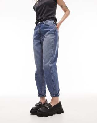 Topshop Petite - Original - Mom-Jeans in Mittelblau mit hohem Bund