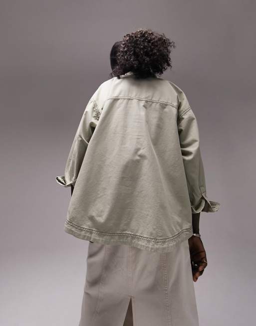 Topshop Petite oversized lightweight cotton shacket in khaki, 3 of 4