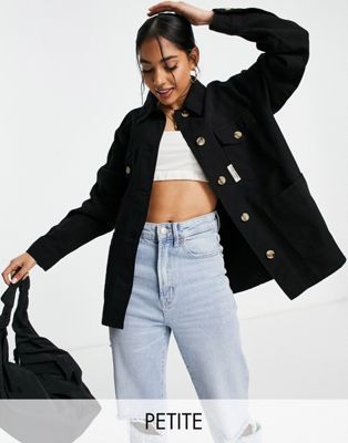 Topshop Petite oversized lightweight shirt jacket with woven label in black - ASOS Price Checker