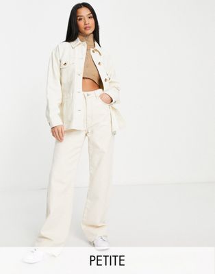 Topshop Petite oversized lightweight shirt jacket with woven label in ecru - ASOS Price Checker