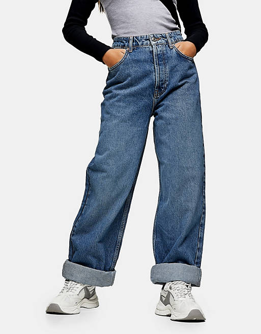 Topshop Petite oversized Mom jeans in mid blue
