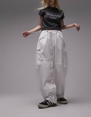 Topshop Petite Oversized Parachhute Toggle Cargo Pants In Ecru-white