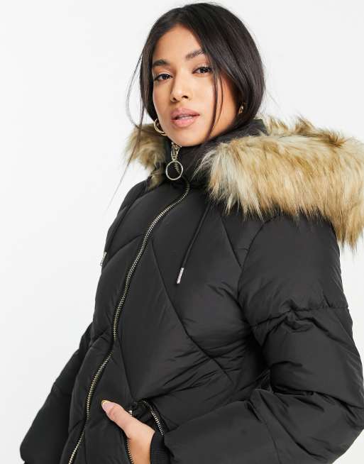 Black Petite Faux Fur Hood Puffer Coat