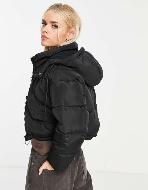 Topshop Petite padded crop puffer jacket with hood in black ASOS