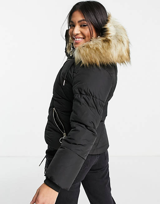 Women Topshop Petite padded jacket with faux fur hood in black 